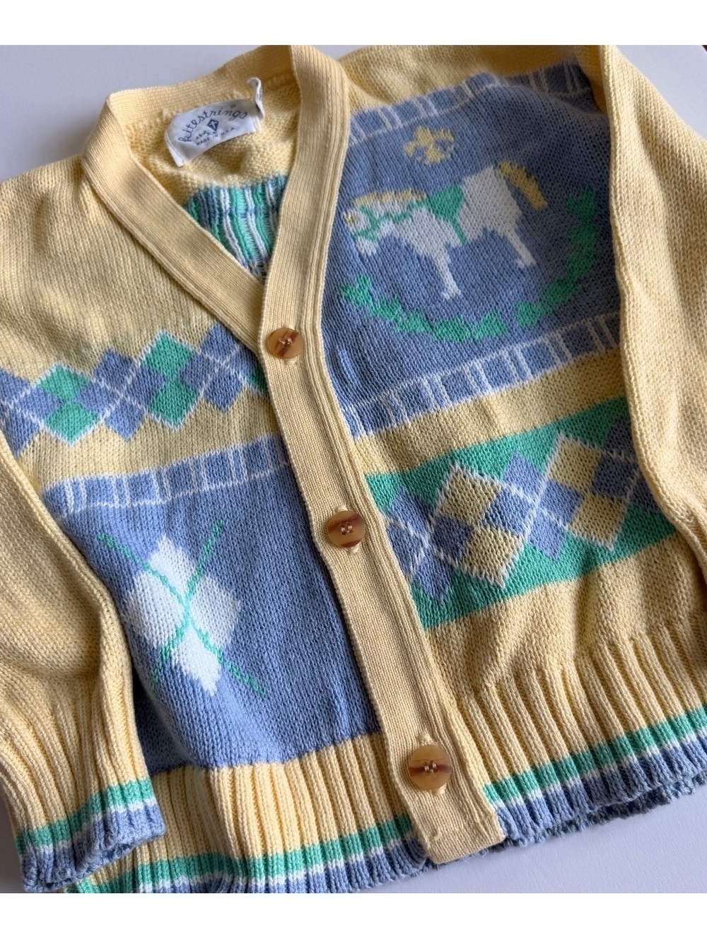 Vtg Kitestrings Pastel Horse Argyle Cardigan Sweater Cotton 2T
